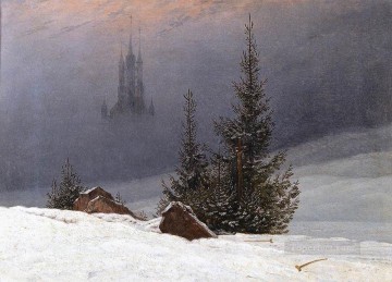 カスパー・ダヴィッド・フリードリヒ Painting - 教会のある冬の風景 ロマンチックなカスパール・ダーヴィト・フリードリヒ